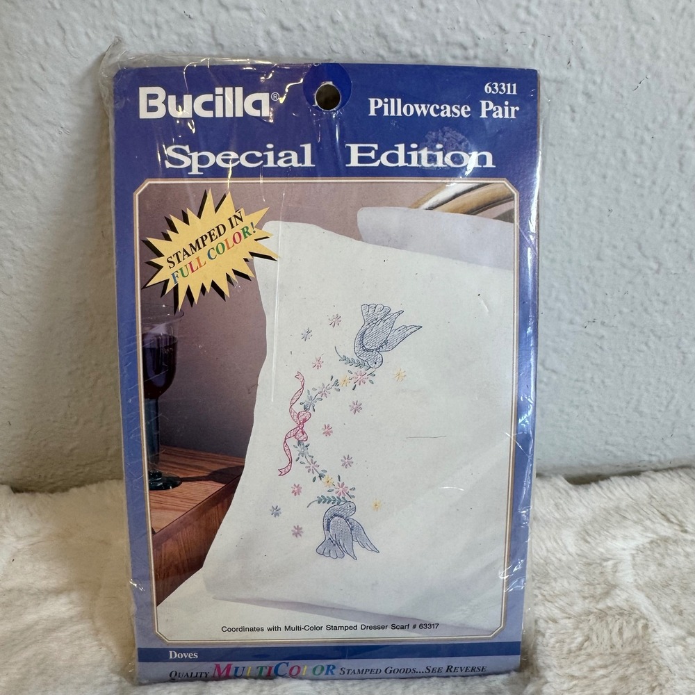 Bucilla 63311 Doves Stamped Pillowcase Pair Vintage 1992 Embroidery Kit Floral